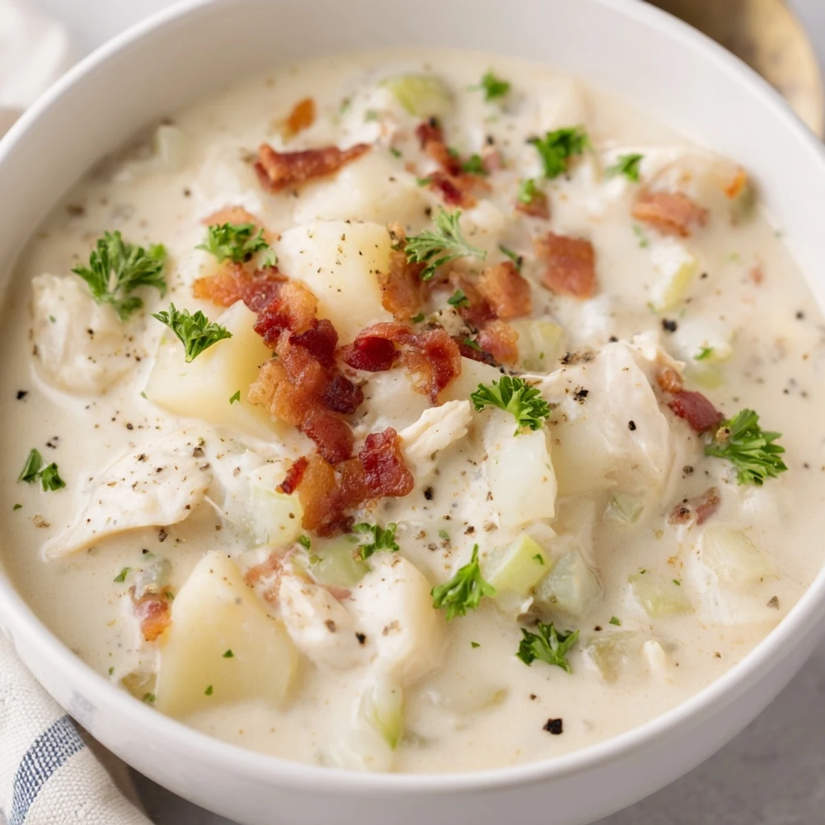 Rich and velvety Creamy New England Clam Chowder steaming with tender clams and potatoes.