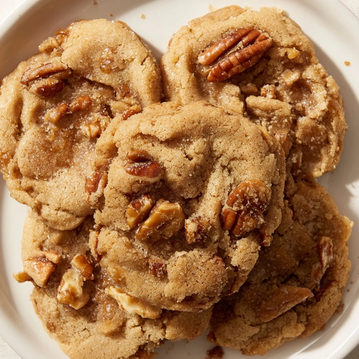 Deliciously golden Chewy Brown Sugar Pecan Cookies topped with crunchy toasted pecans, perfect for sharing.  