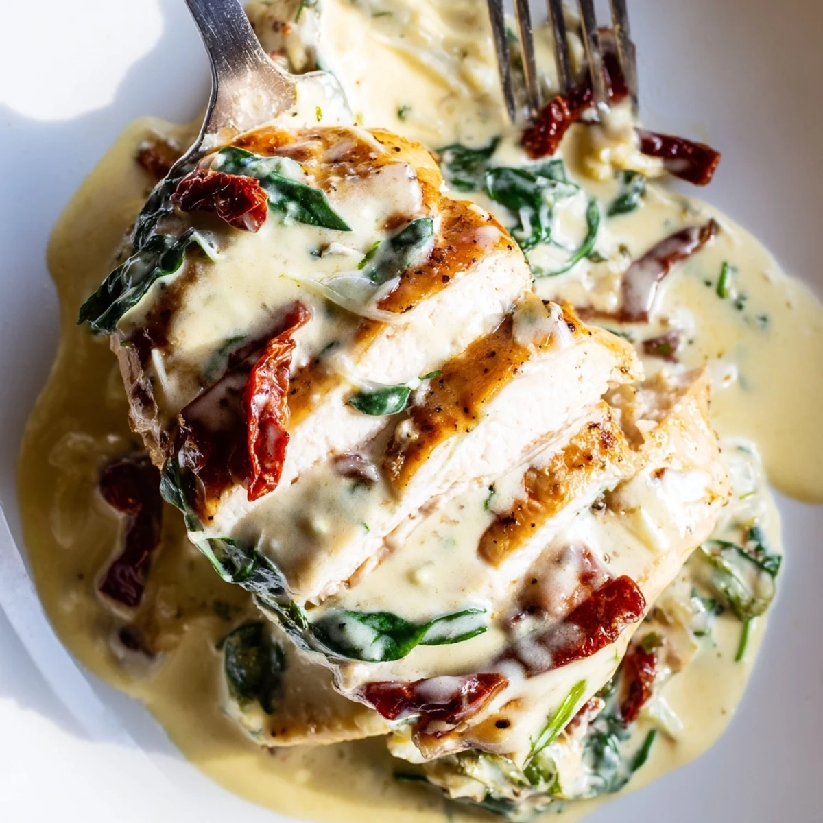 Easily prepare One-Pan Creamy Tuscan Chicken, served with crusty bread for a delightful meal.