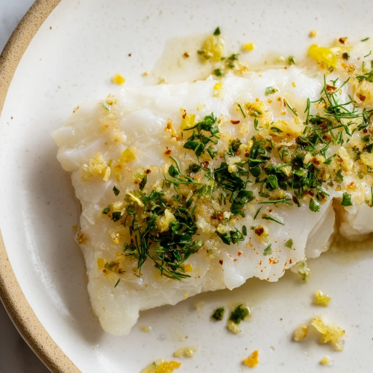 Flaky cod fillets in fragrant garlic butter, garnished with fresh herbs.  