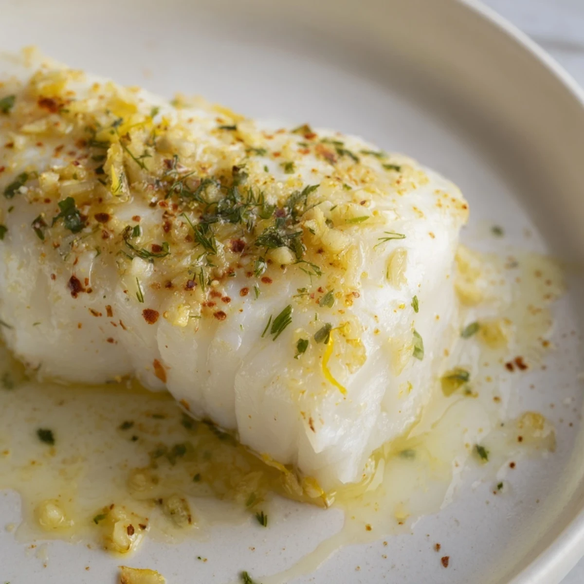 Succulent garlic butter baked cod topped with herbs and lemon wedges.