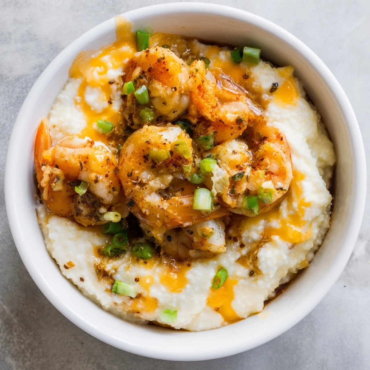 A comforting bowl of Cajun shrimp and grits garnished with fresh scallions.  