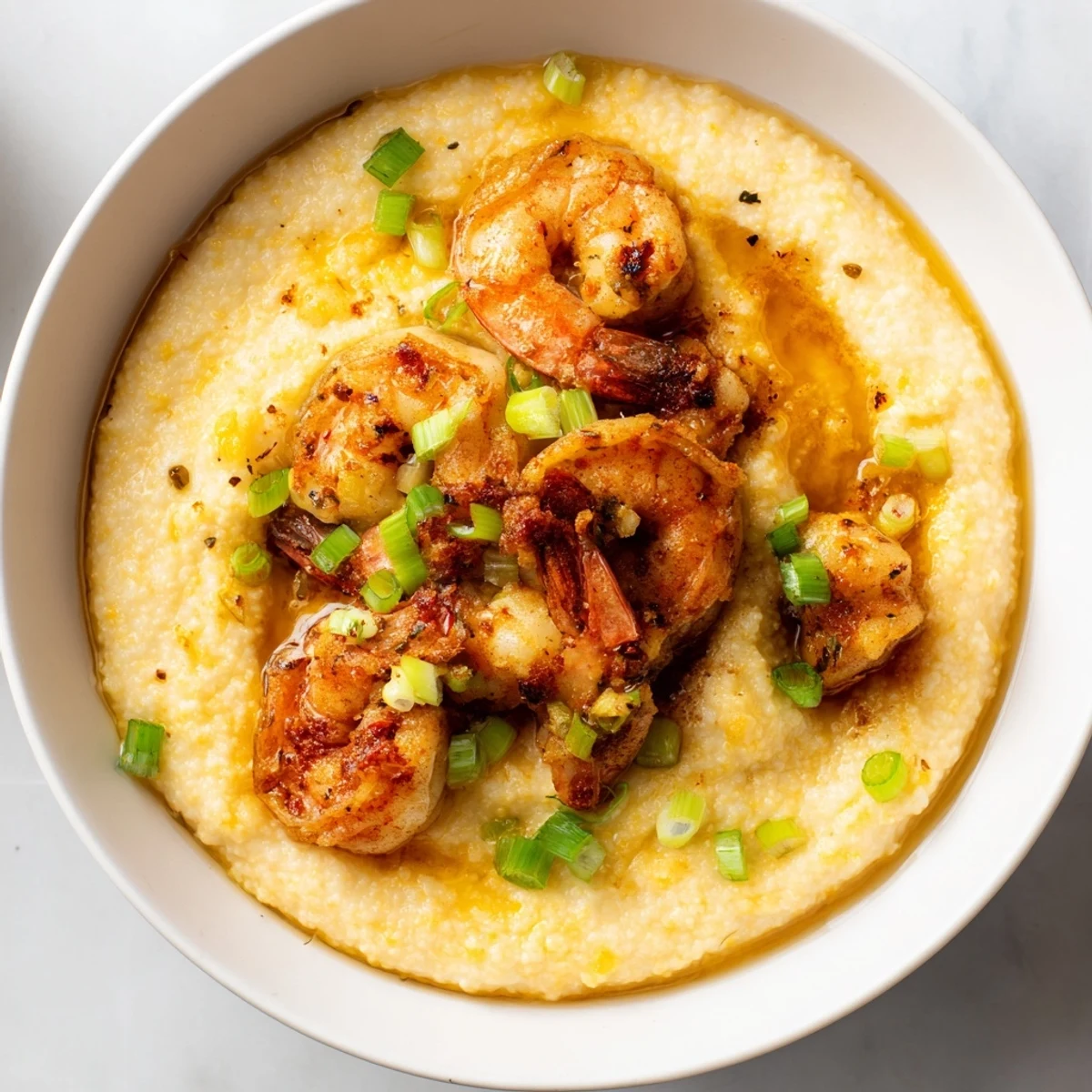 Indulgent Cajun shrimp and cheesy grits served warm, perfect for any meal.