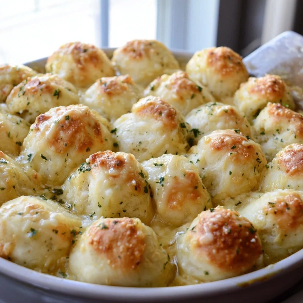 Fluffy Soft Garlic Parmesan Pull-Apart Bread, drizzled with garlic butter and herbs.  