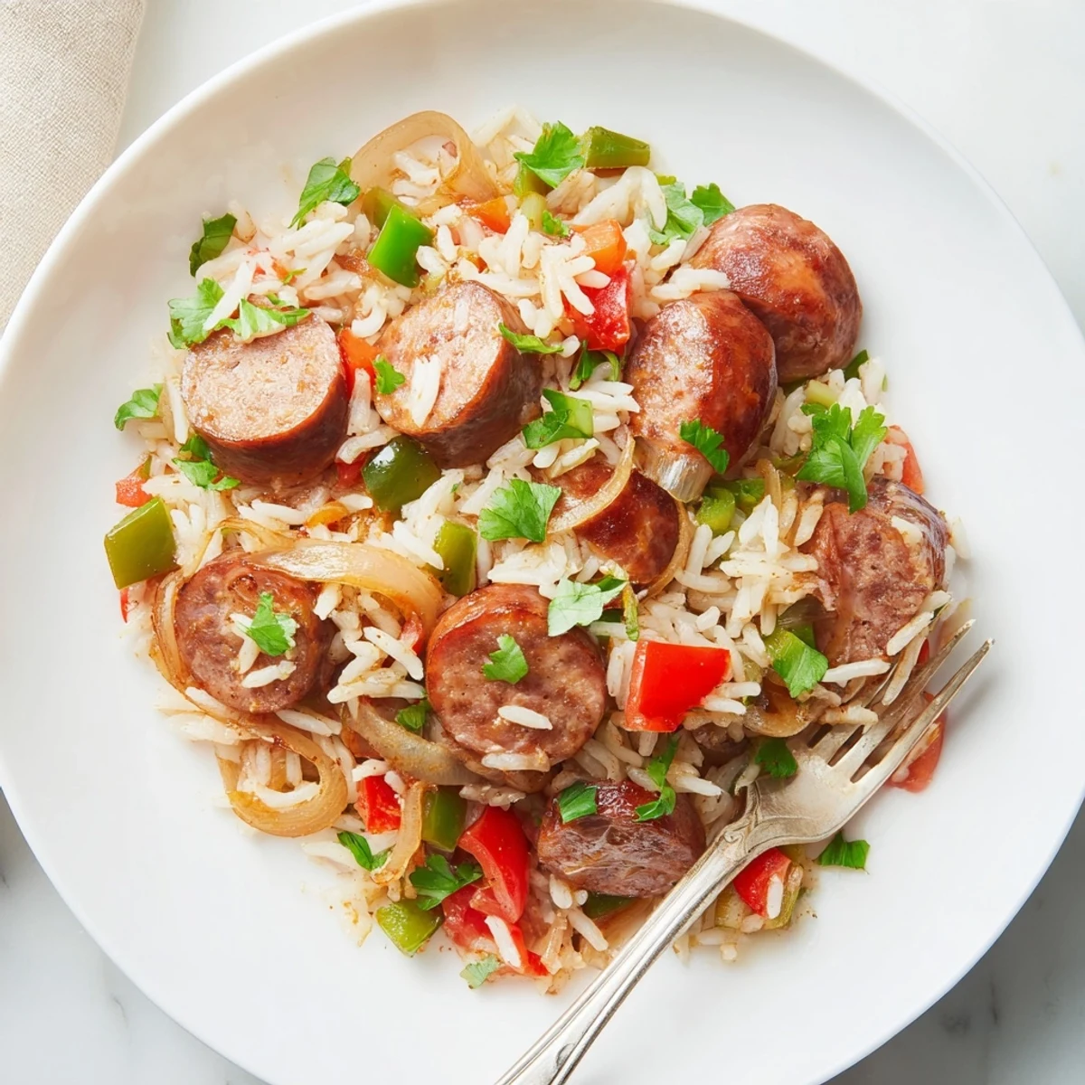 A vibrant One-Pot Cajun Sausage and Rice with colorful veggies and smoky flavors.  