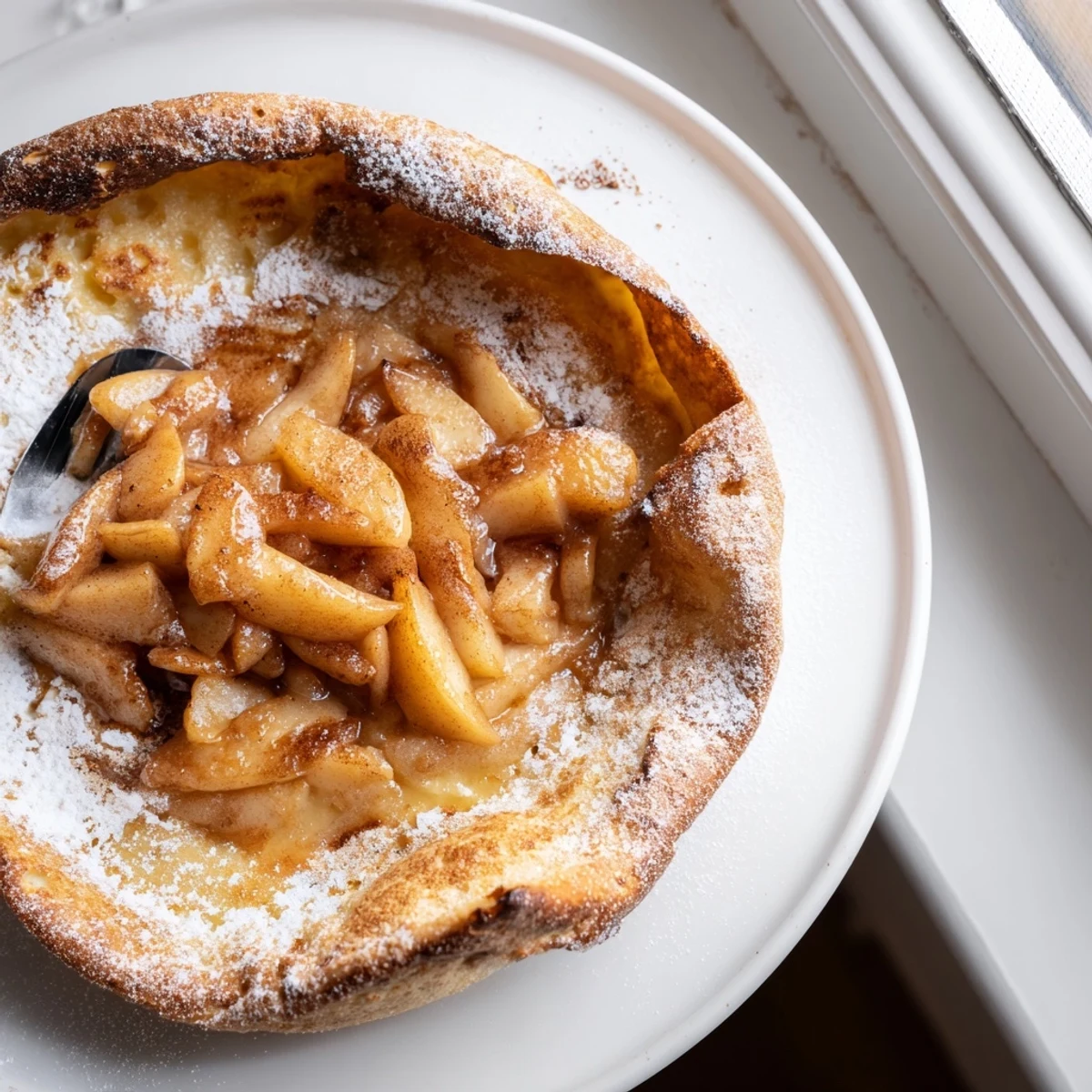 Golden-brown Warm Apple Cinnamon Dutch Baby, deliciously served with maple syrup or whipped cream.