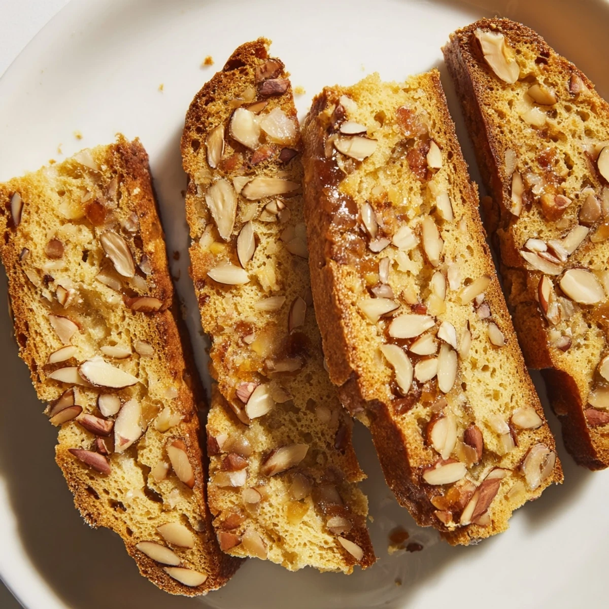 Golden Honey Almond Biscotti arranged on a plate, showcasing their crunchy texture and toasted nuts.  
