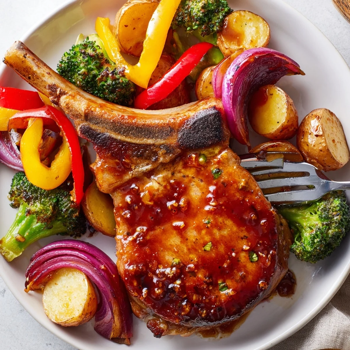 Juicy Sheet Pan Honey Garlic Pork Chops surrounded by vibrant roasted vegetables.  