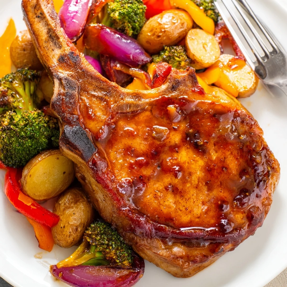 Delicious Sheet Pan Honey Garlic Pork Chops glazed with sweet sauce and colorful veggies.  