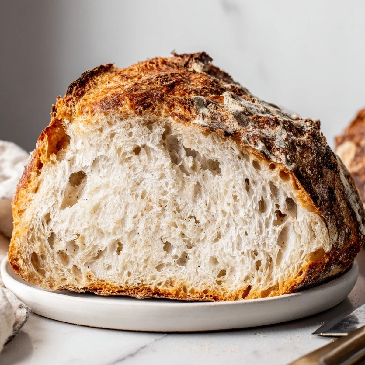 Golden crusted Quick No-Knead Artisan Bread, perfect for dipping in olive oil.  