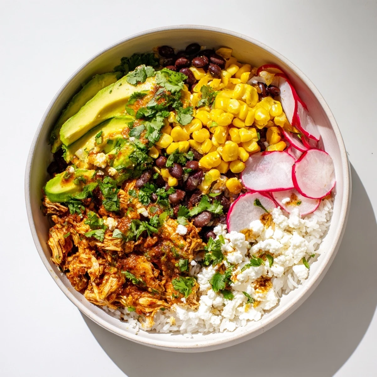 A colorful Green Enchilada Rice Bowl, showcasing flavorful chicken, rice, beans, and fresh toppings.