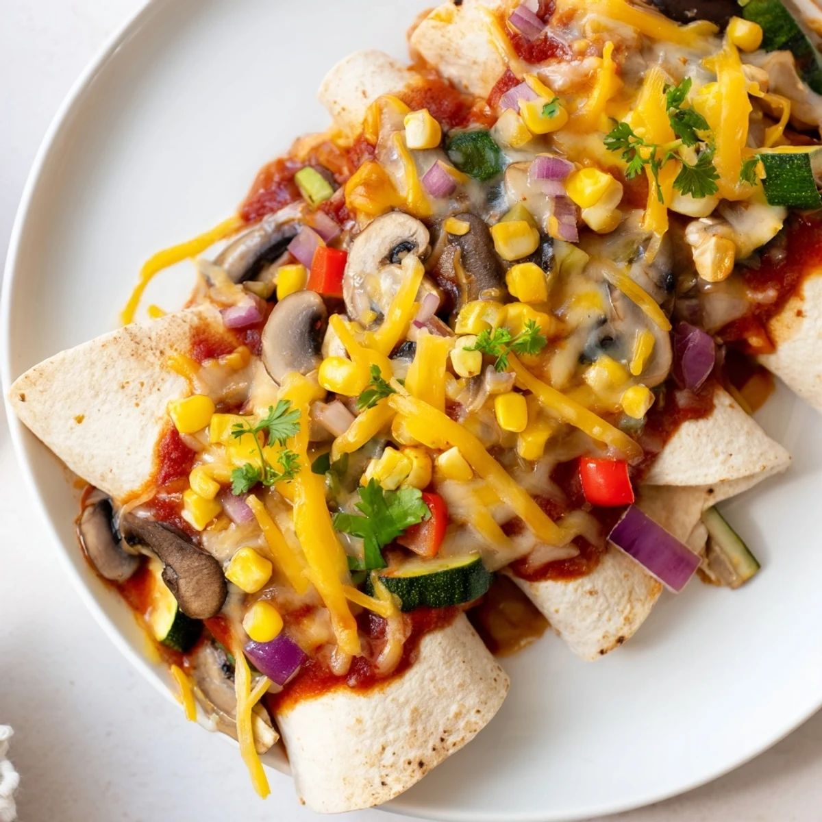 Fresh Farmers Market Vegetarian Enchiladas, baked golden with cheese, offer a warm, savory aroma.