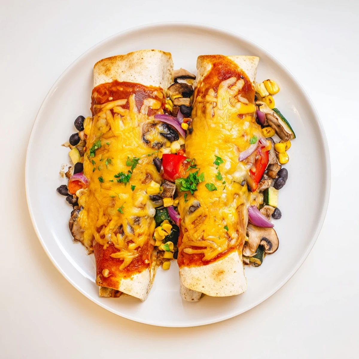 A close-up shot of the Farmers Market Vegetarian Enchiladas, overflowing with colorful veggies and melted cheese.