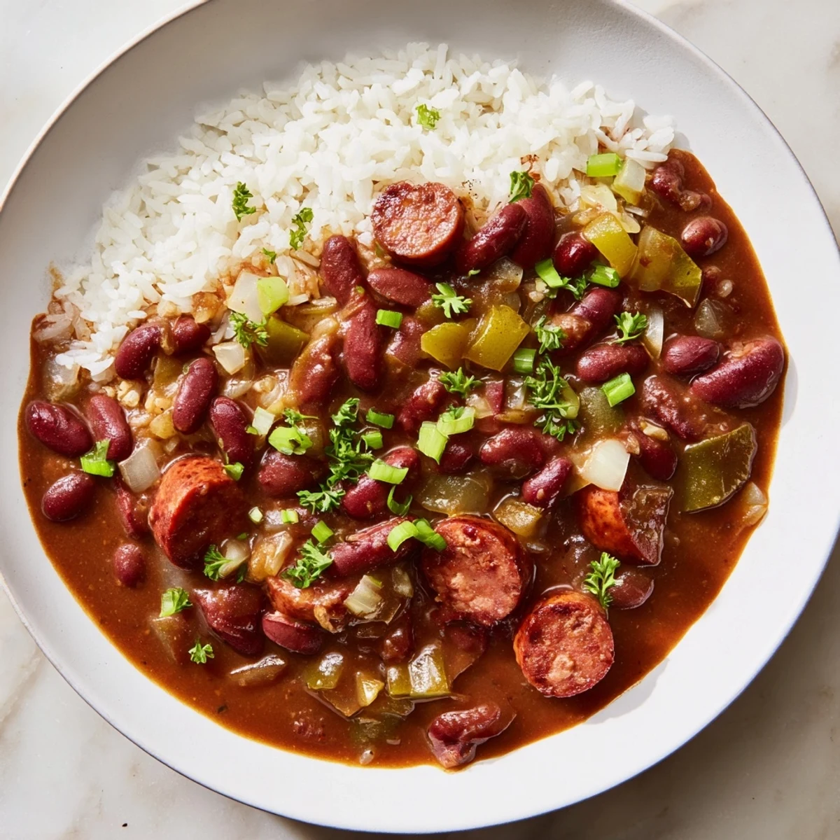 Steaming bowl of Red Beans & Rice, a Creole classic featuring sausage and tender beans, ready to enjoy.