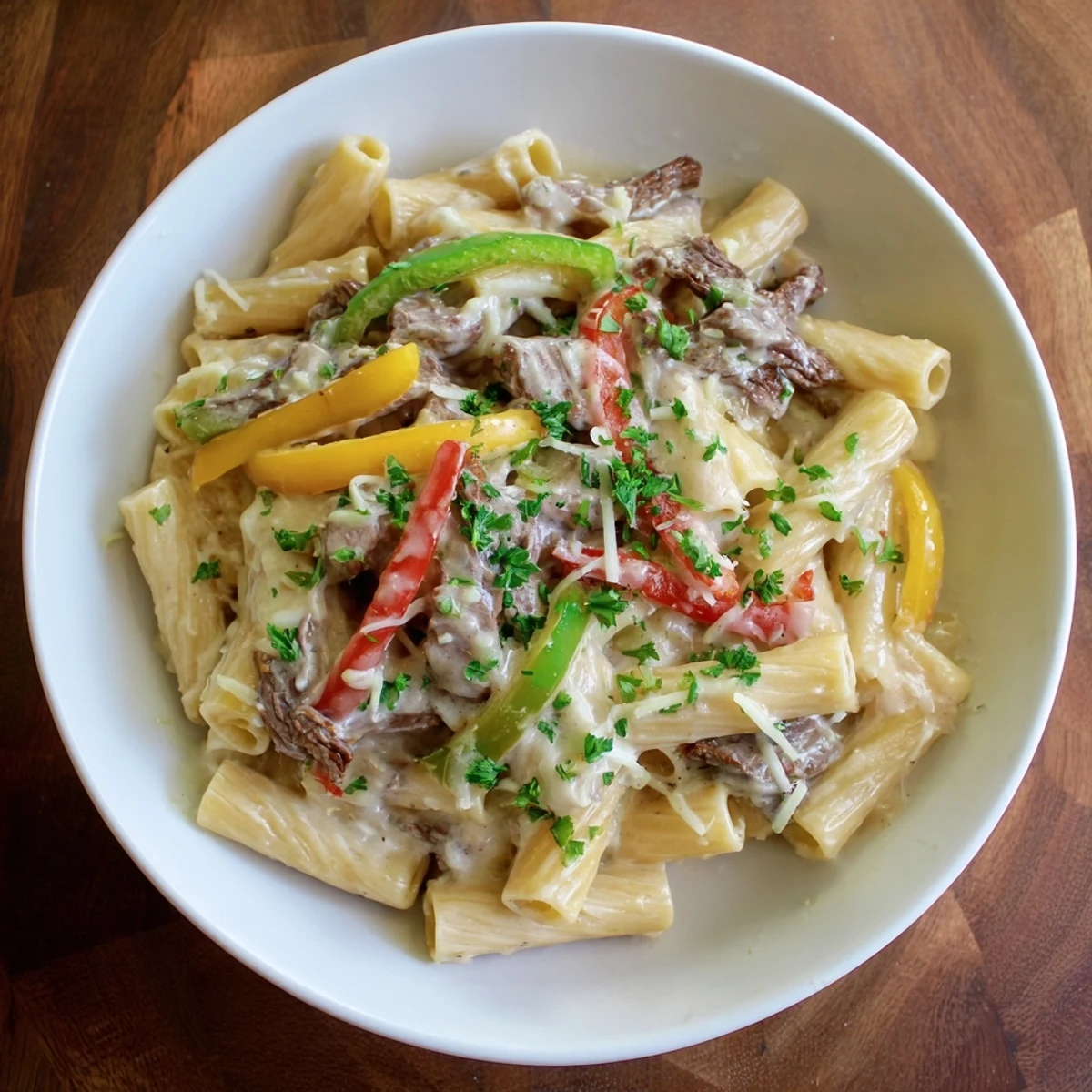 Golden Philly Cheese Steak Pasta, savory beef and peppers combined with cheesy pasta.