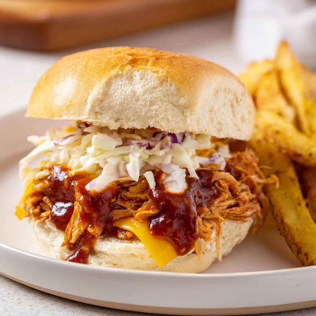 Perfectly toasted slider buns filled with savory BBQ Chicken Sliders, served alongside a pile of golden-brown fries.