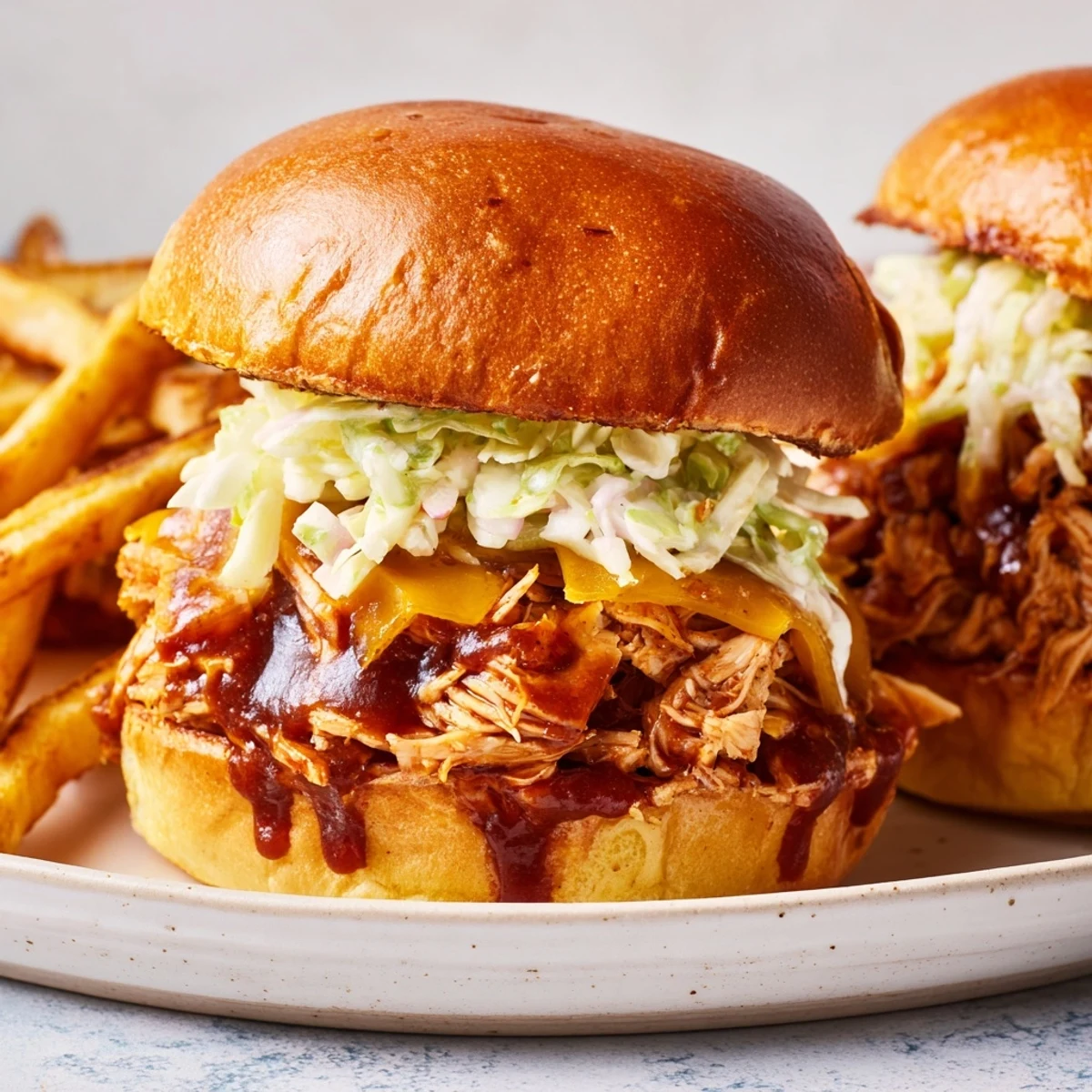 Golden-brown BBQ Chicken Sliders overflowing with tender chicken, cheese, and coleslaw, with crispy fries.