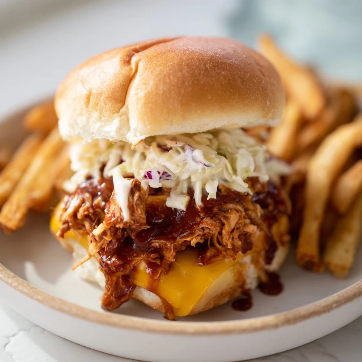 Close-up of juicy BBQ Chicken Sliders with melty cheese, plus a side of perfectly seasoned, crispy golden fries.
