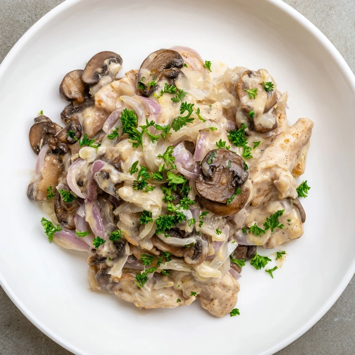 Savor the creamy delight: homemade Chicken Stroganoff served hot, ready for a comforting meal.