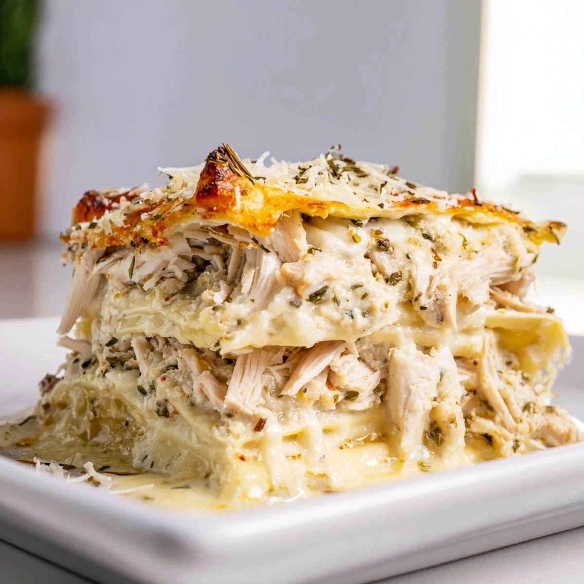 Cheesy, bubbling Rosemary Chicken Lasagna, a comforting Italian dinner with fresh, herbaceous aromas.