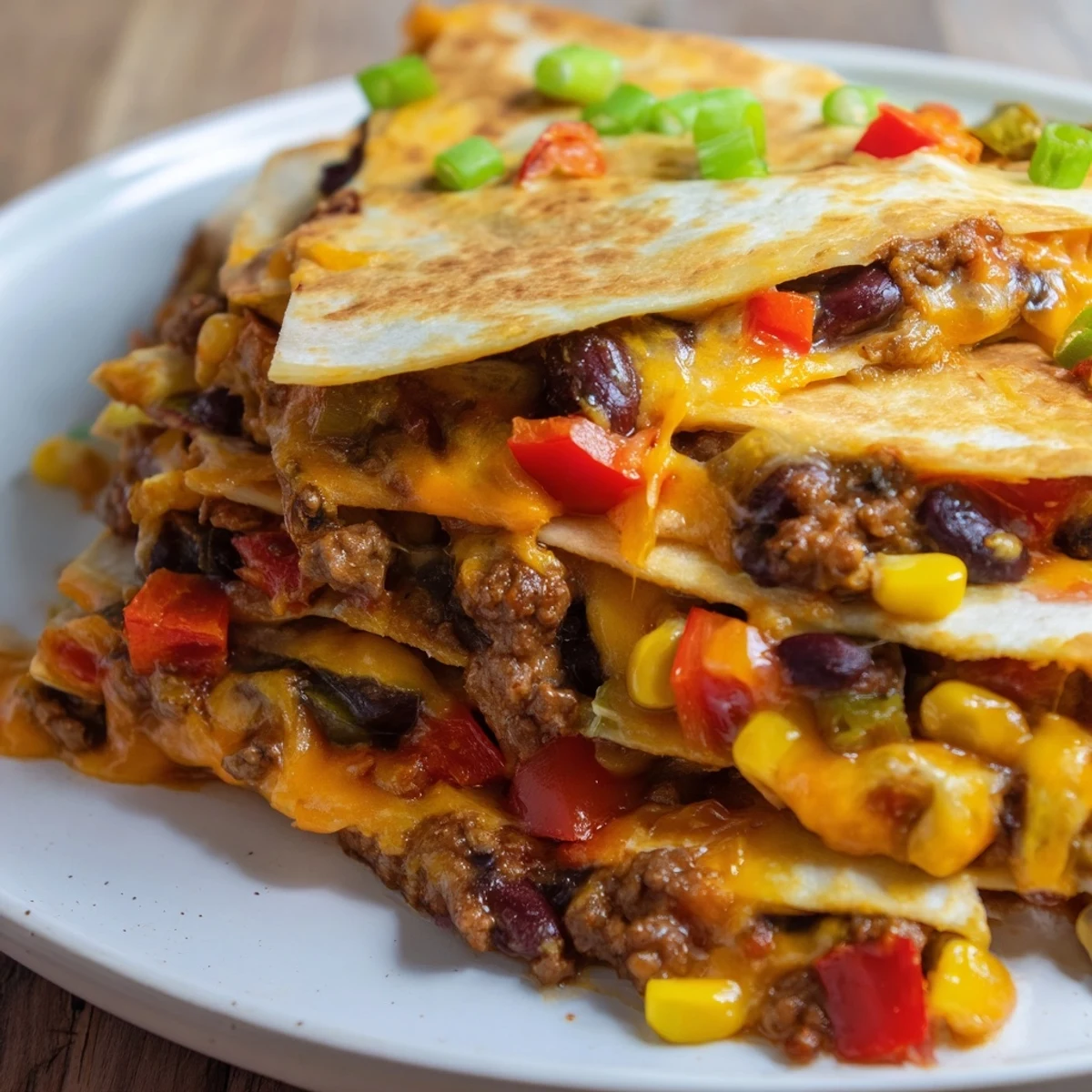 Golden-brown, sheet pan quesadillas with beef brimming with melted cheese and fresh vegetables.