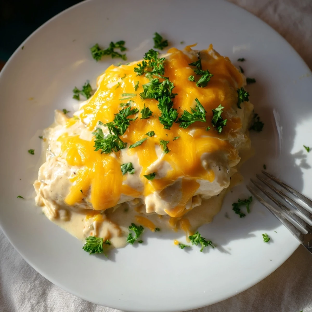 Golden, bubbly Cheddar Ranch Chicken Bake in a baking dish, ready to serve with sides.