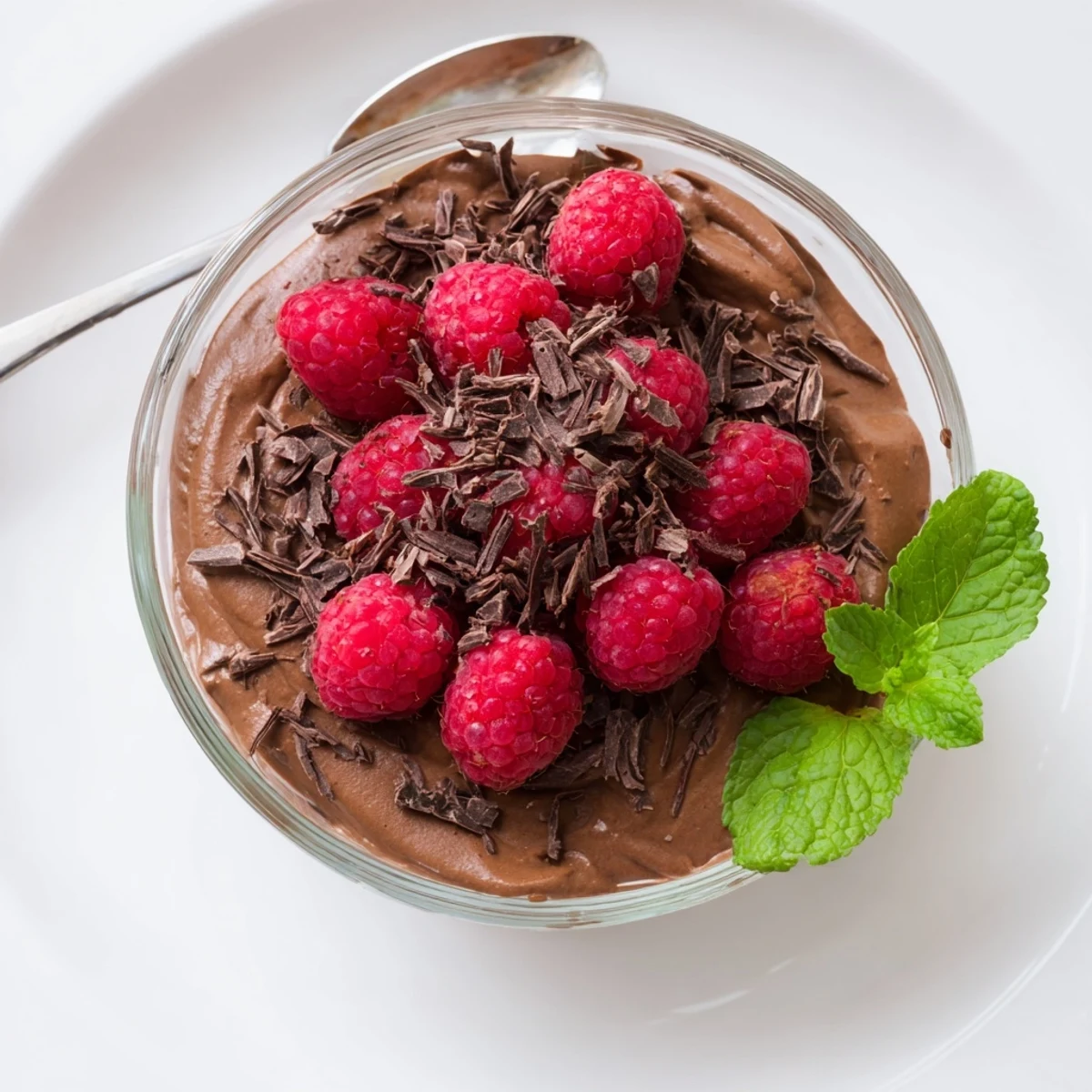 Smooth, rich avocado chocolate mousse topped with bright red raspberries, ready to eat.