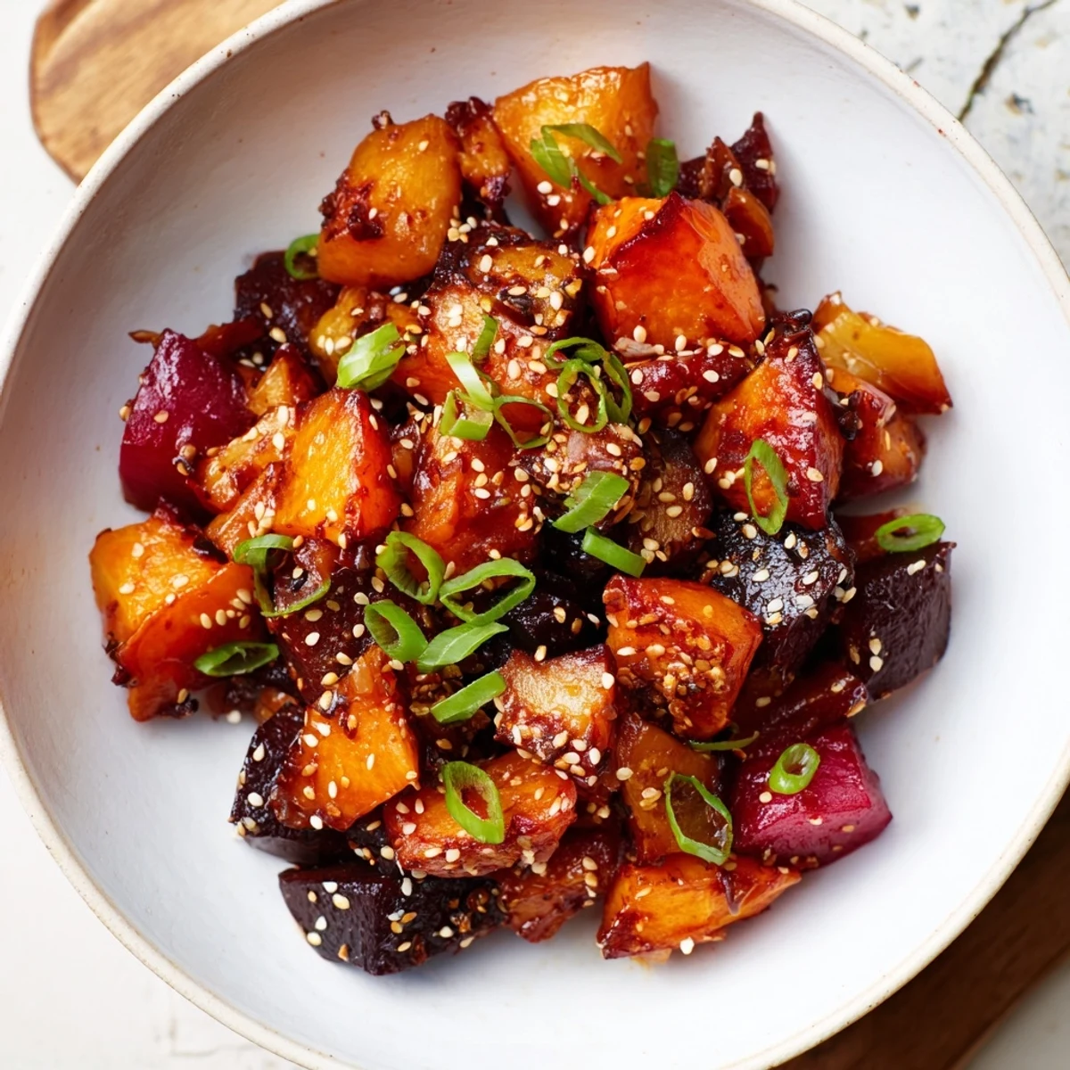 Vibrant miso roasted winter vegetables, glistening with glaze, ready for a delicious, savory side dish.