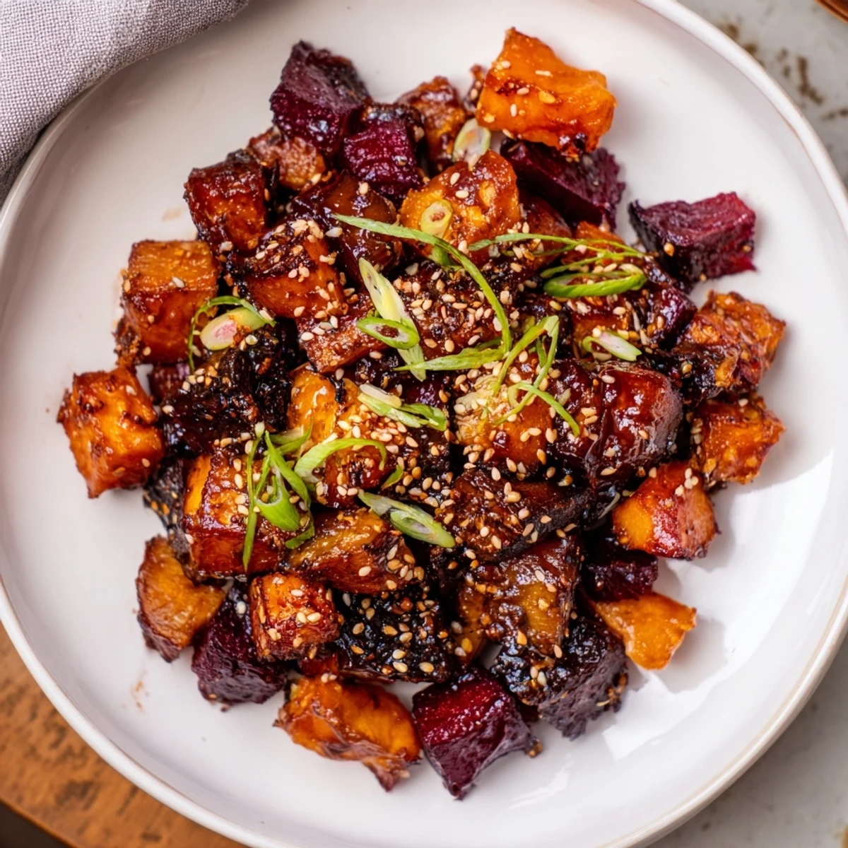 Close-up of caramelized miso roasted winter vegetables, offering a delightful mix of flavors and textures.