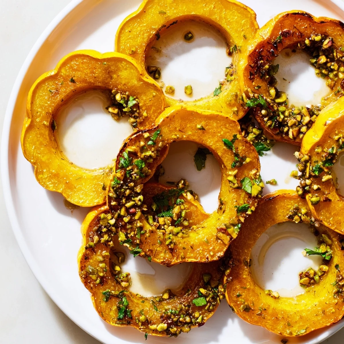 These colorful baked delicata squash rings are tender, with a festive topping of pistachios for flavor.
