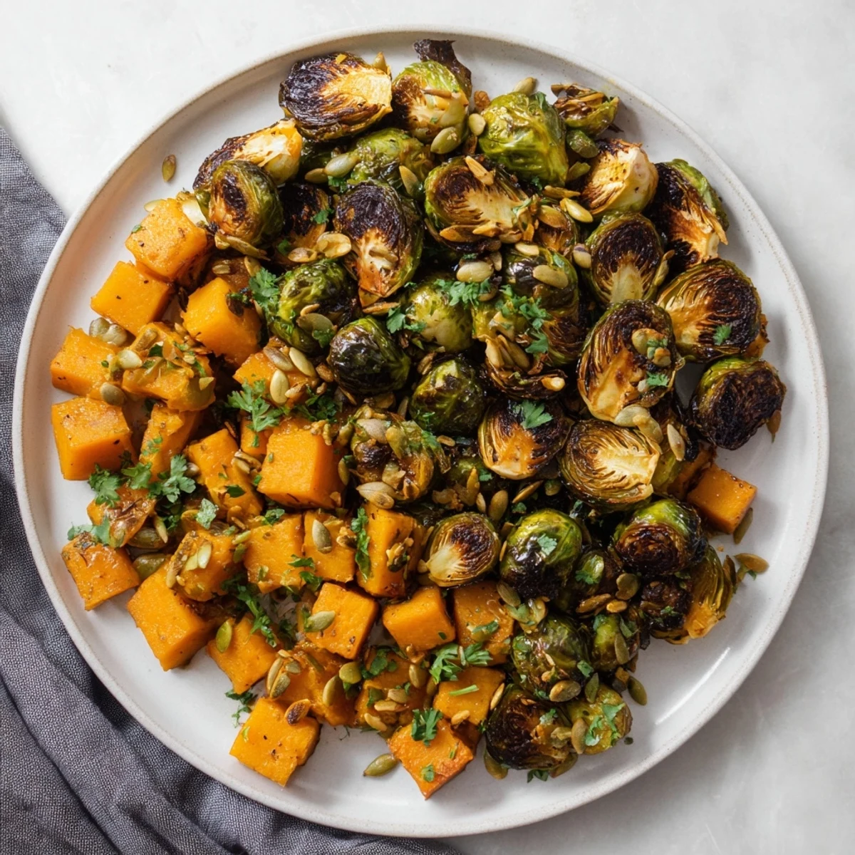 Golden-brown roasted Brussels sprouts and butternut squash with bright orange dressing, ready to enjoy.