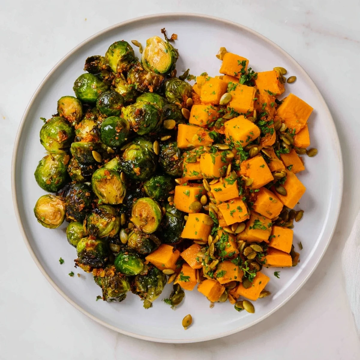 A close-up of the finished roasted Brussels sprouts & butternut squash, tossed in the delicious orange dressing.