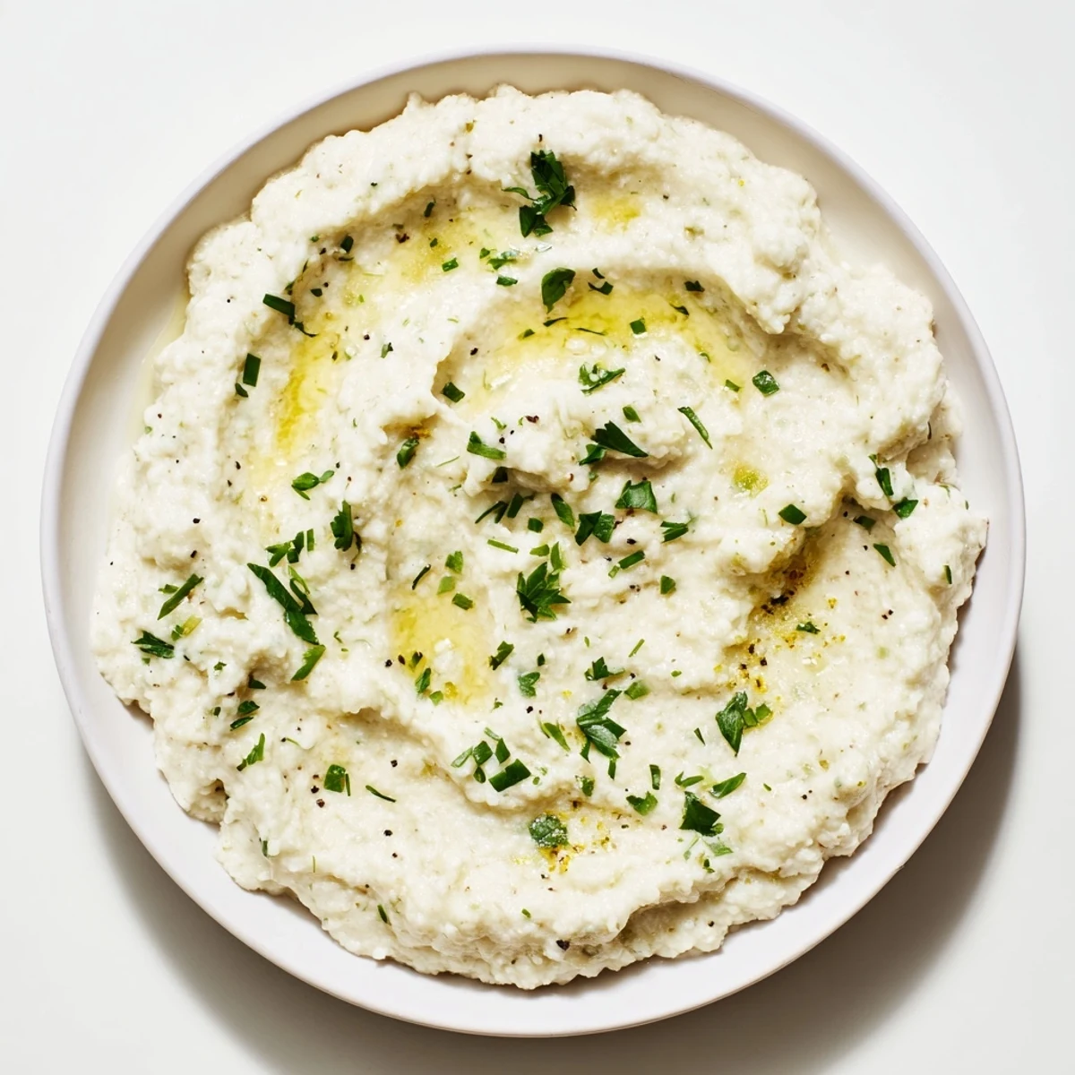 Fluffy cauliflower mash, a bright and flavorful side, perfect with roasted meats, garlic infused.
