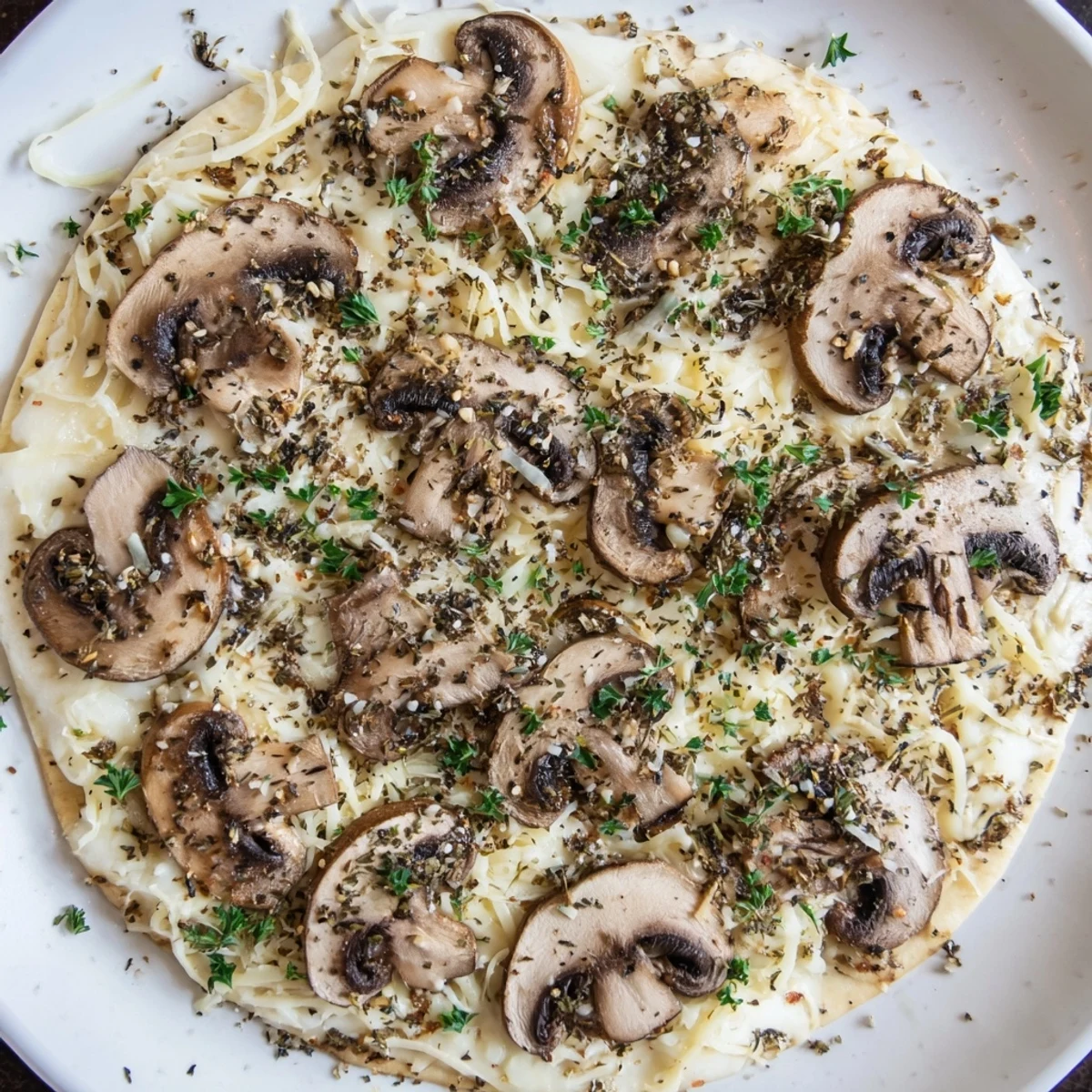 Enjoy a slice of upgraded frozen pizza featuring savory mushrooms, herbs, and extra cheese.