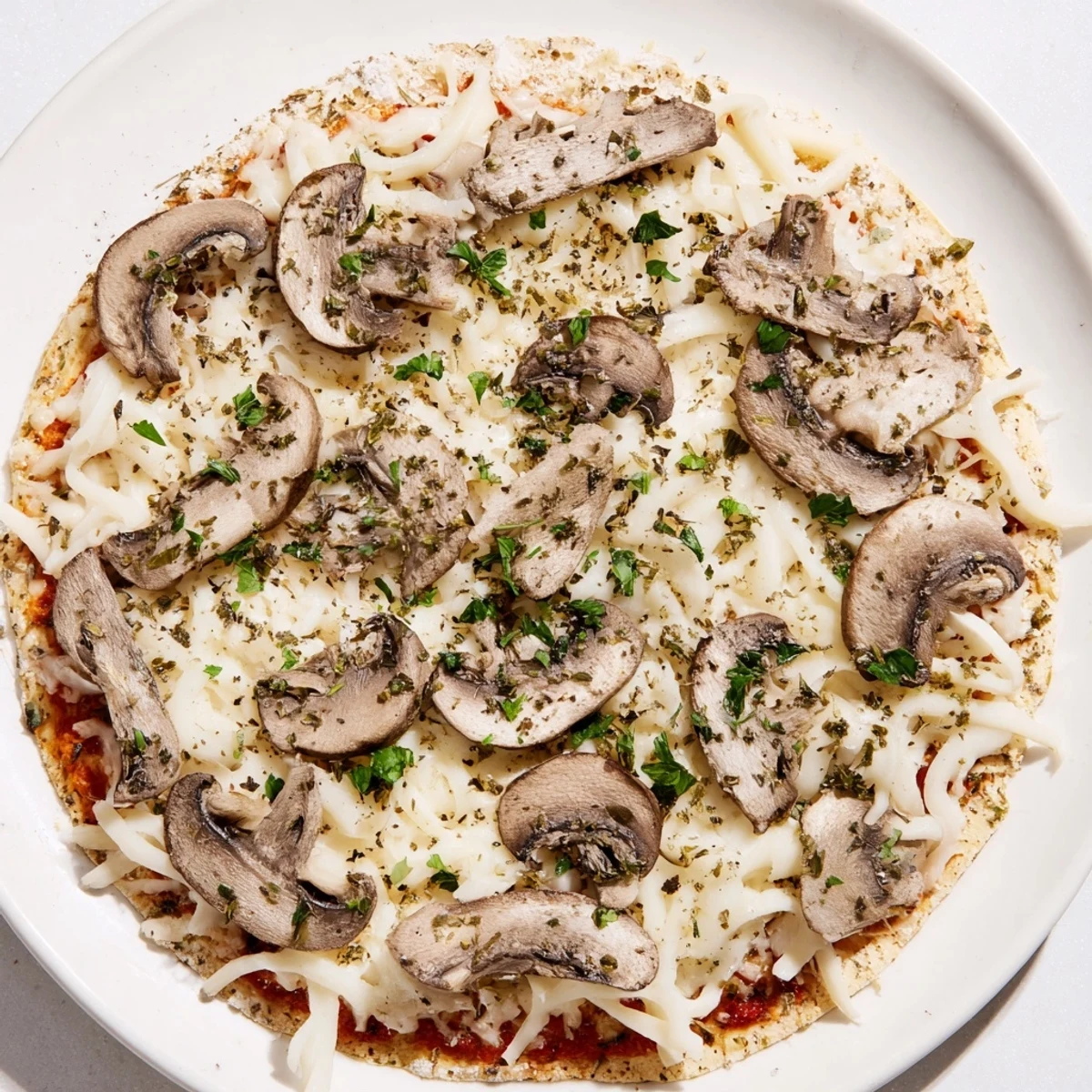 This close-up showcases the bubbly, golden cheese covering a delicious, upgraded frozen pizza.