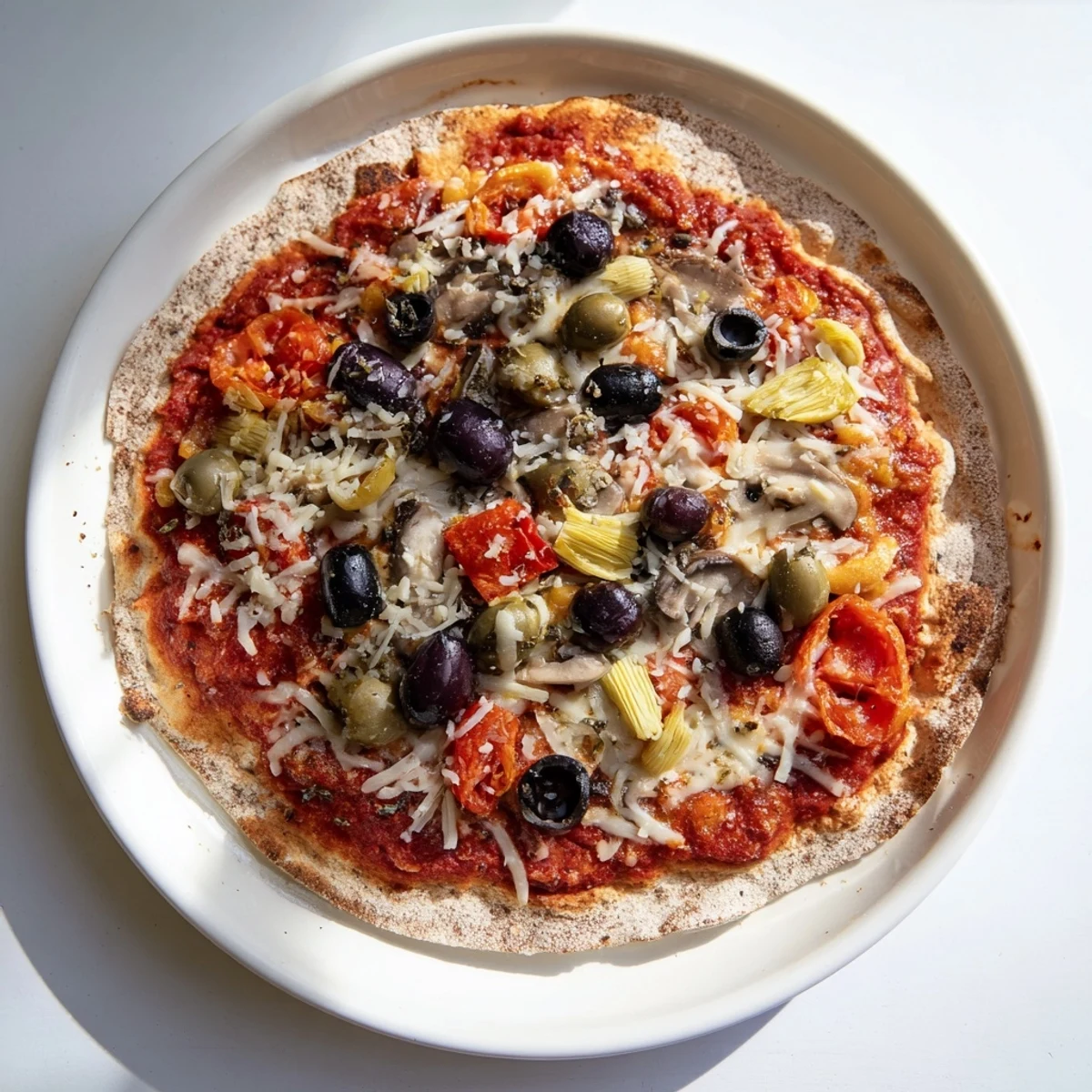 A finished, bubbly tortilla pizza with easy pantry toppings, ready to enjoy as a quick meal.