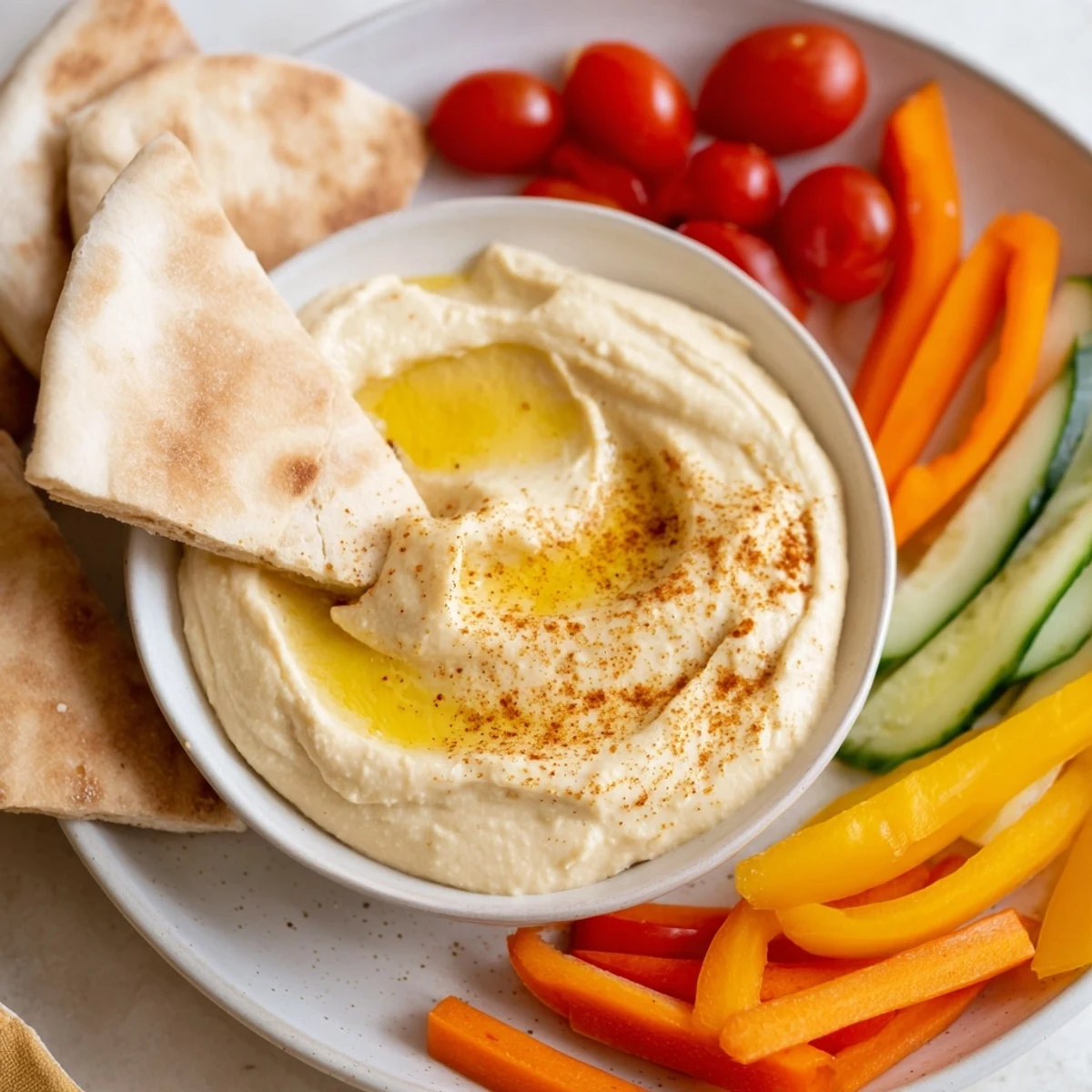 Enjoy a wholesome Mediterranean feast: homemade pita bread with vibrant hummus and crudités.