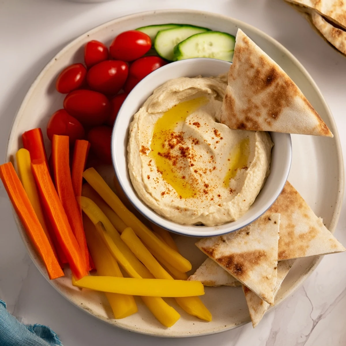 Fresh-baked pita alongside smooth hummus with olive oil, perfect for dipping veggie sticks.
