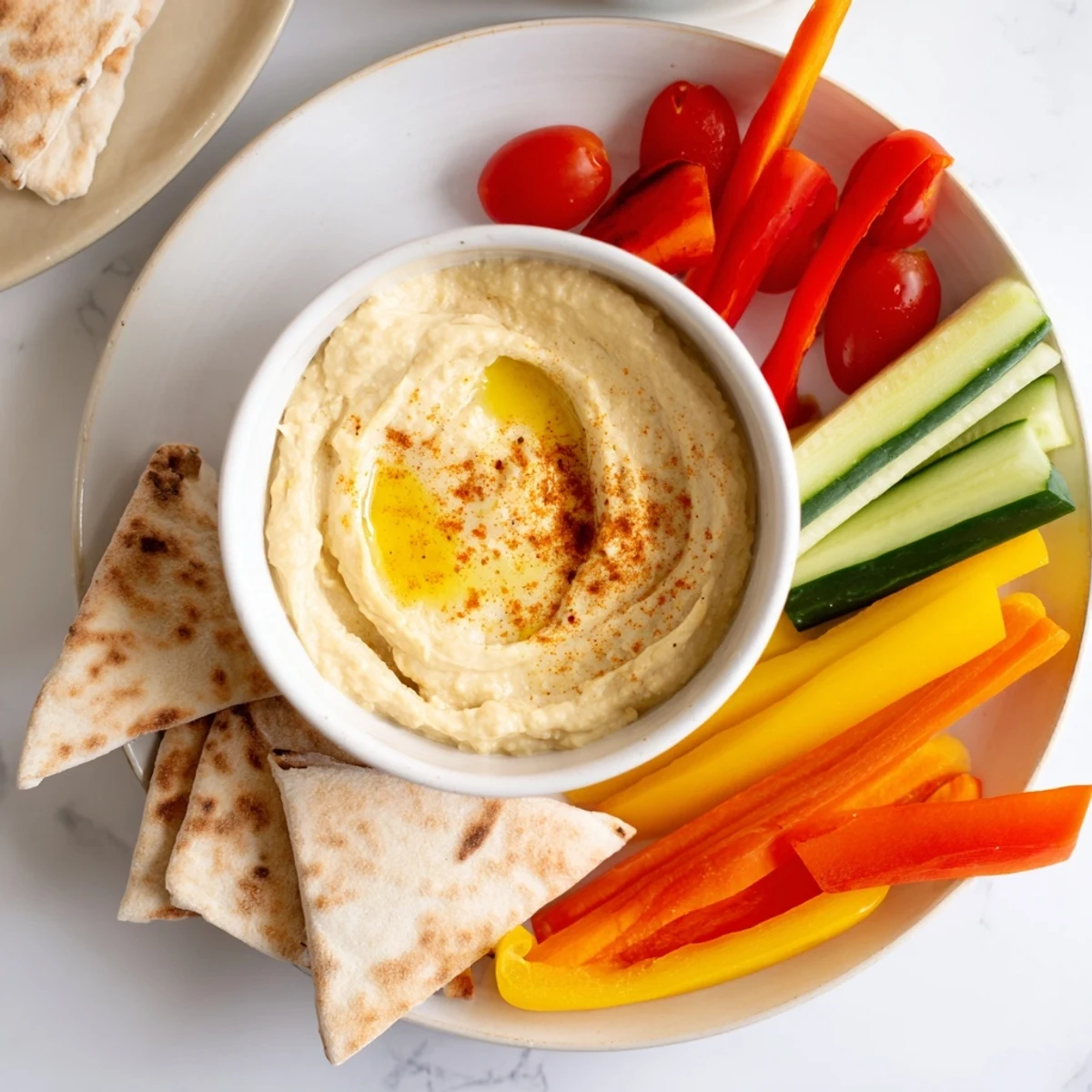 A close-up of creamy DIY hummus, served with warm pita bread and colorful veggie sticks.
