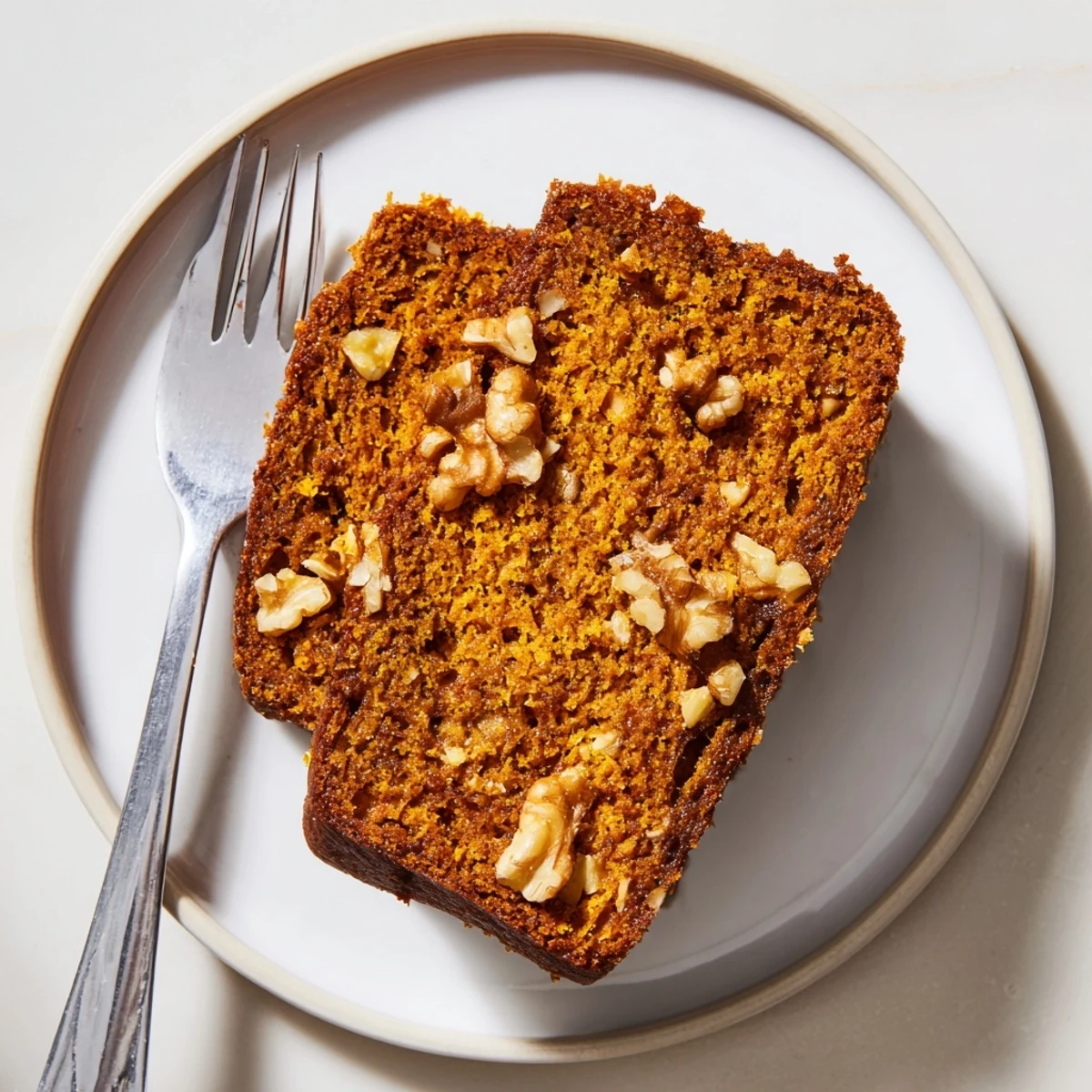 Steaming mug of pumpkin bread, a quick cozy treat, inviting aroma of cinnamon and fall spices.