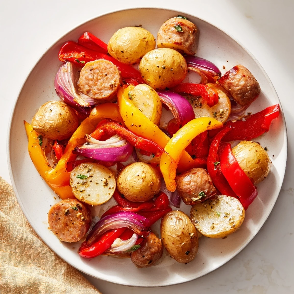 Sheet-Pan Sausage with Peppers and Potatoes, beautifully roasted with crispy potatoes and savory Italian sausage.