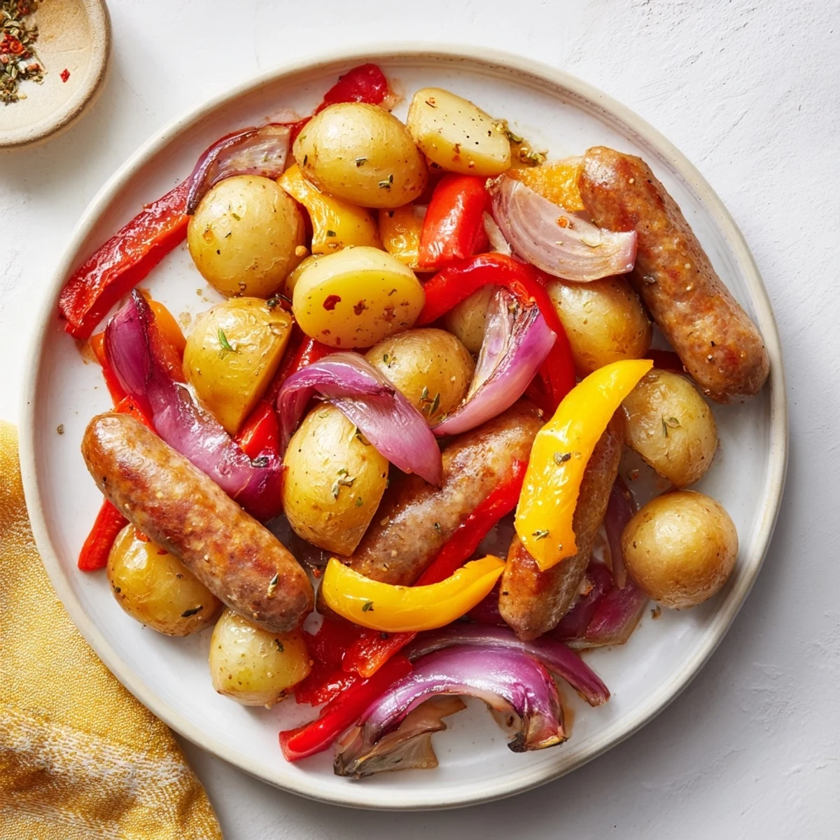 Golden, roasted Sheet-Pan Sausage with Peppers, Onions, and Potatoes, ready to serve with fresh parsley and lemon wedges.