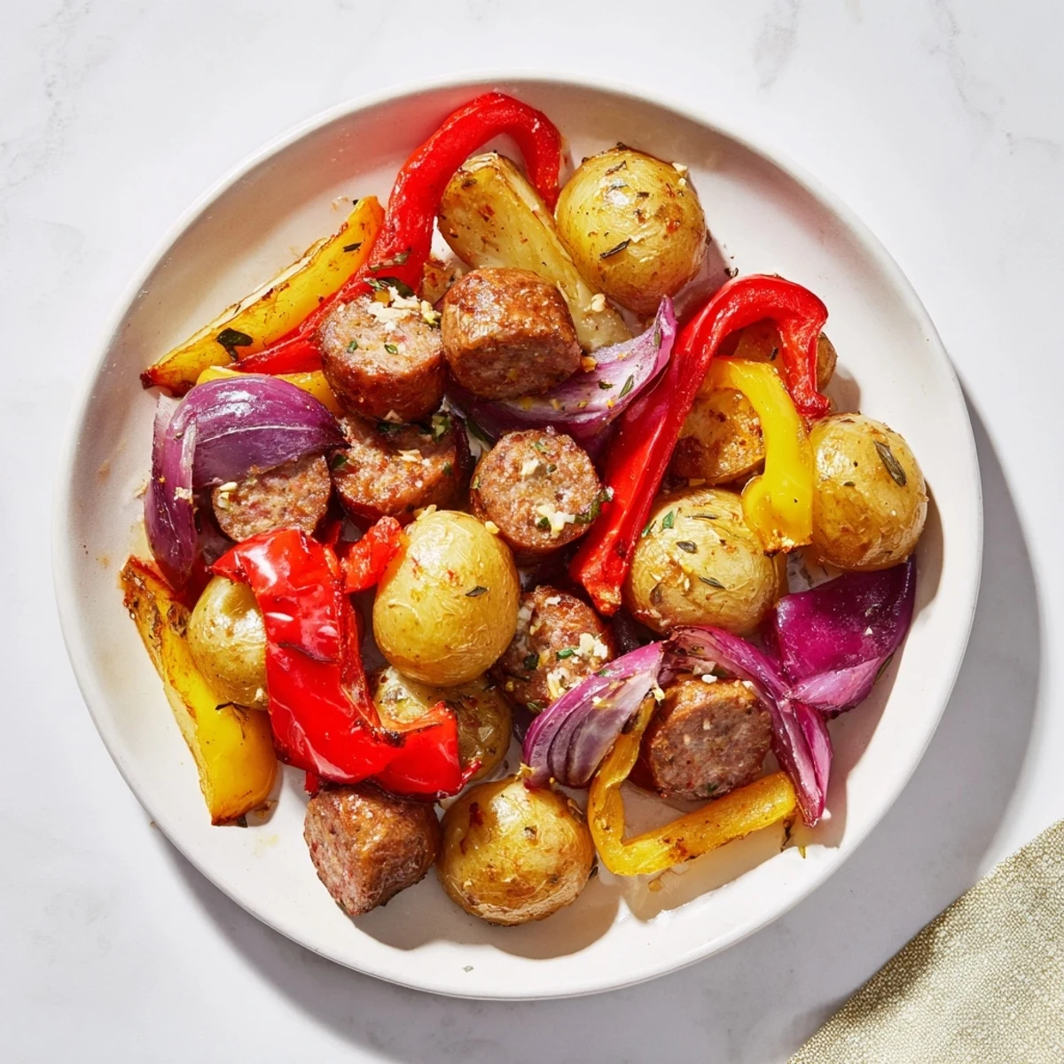 A flavorful sheet pan of Sausage with Peppers, Onions, and Potatoes, a colorful and easy weeknight dinner idea.