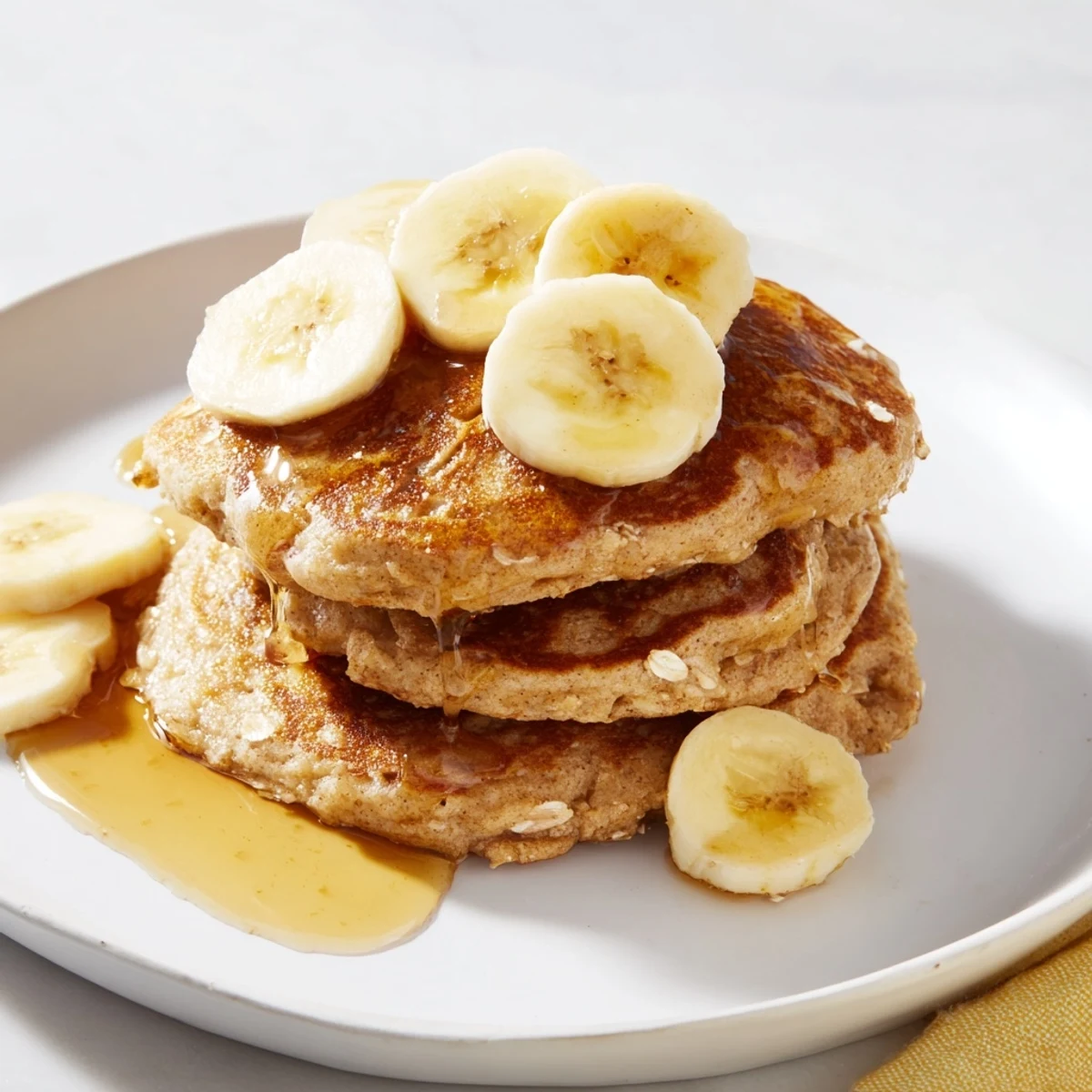 A plate of warm banana oat pancakes with fresh berries, offering a sweet breakfast.