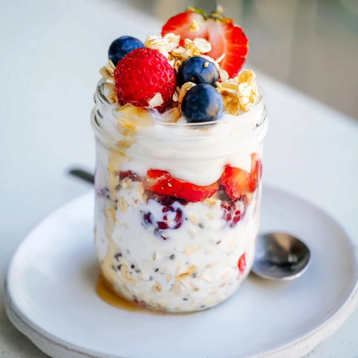 Overnight oats in jars, layered with fresh berries and granola, a quick healthy breakfast idea.