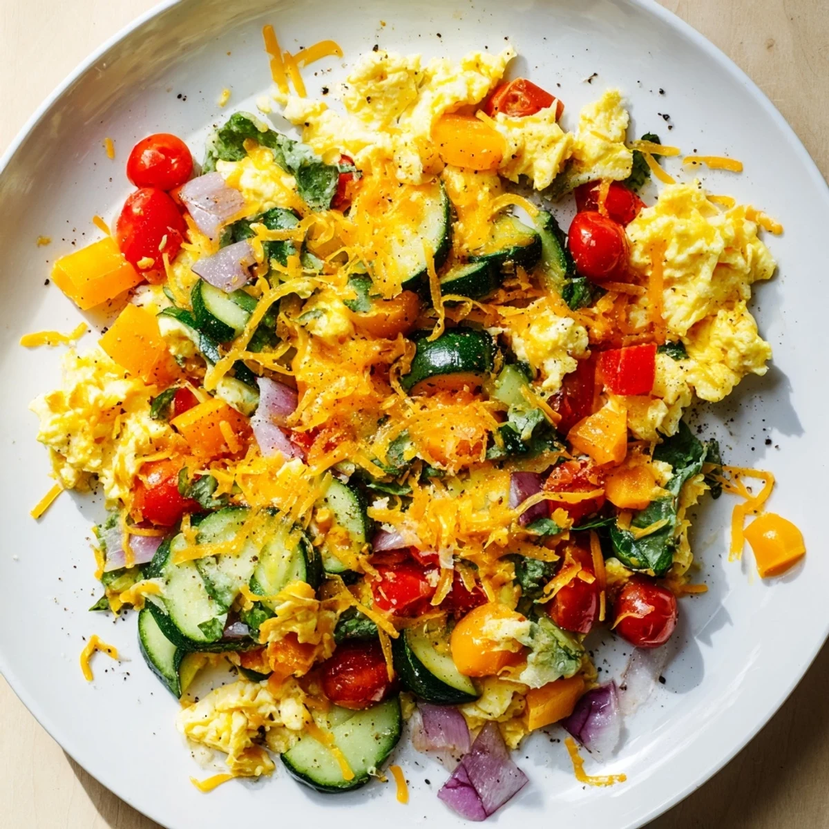 Freshly baked Egg & Veggie Sheet Pan Scramble, a hearty vegetarian breakfast with eggs, veggies, and optional cheese.