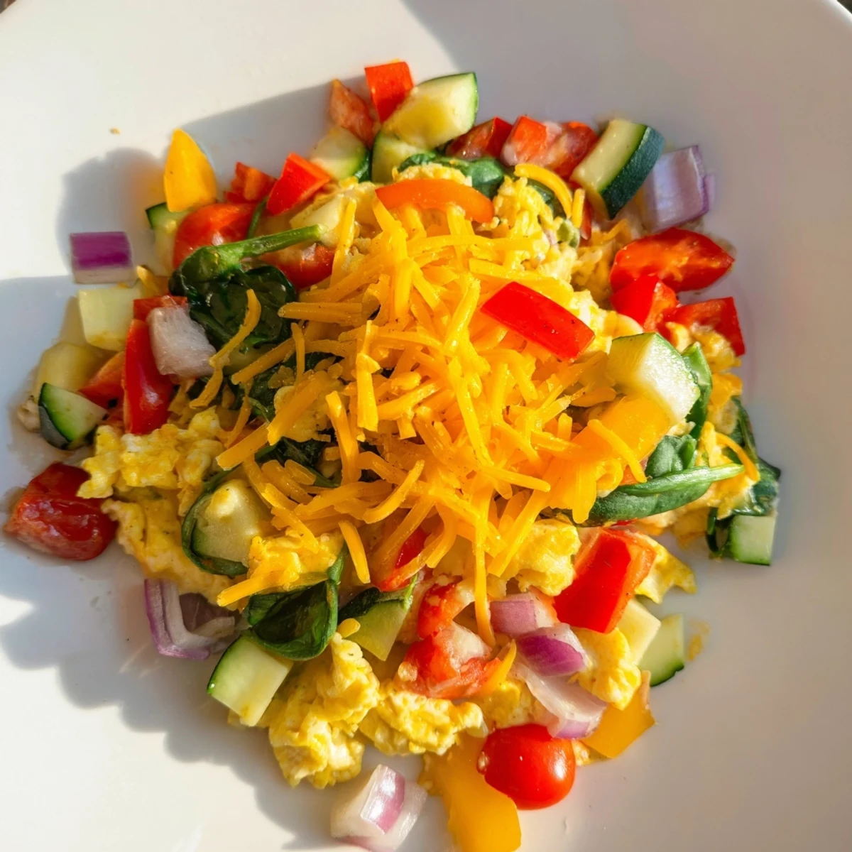 Savory Egg & Veggie Sheet Pan Scramble showcases colorful roasted vegetables and fluffy baked eggs, ready to serve.