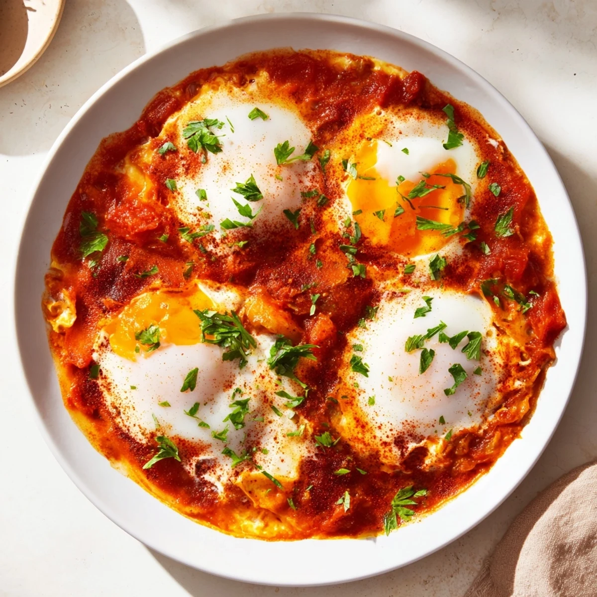 Warm, vibrant Savory Baked Eggs in Tomato Sauce, served with crusty bread, ready to enjoy.