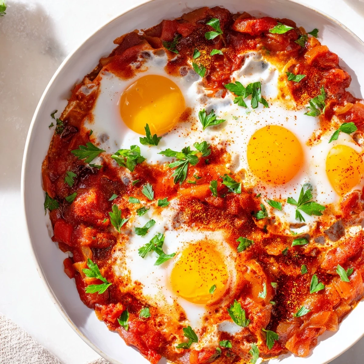Perfectly baked eggs nestled in a rich tomato sauce, this Savory Baked Eggs recipe is flavorful and easy.