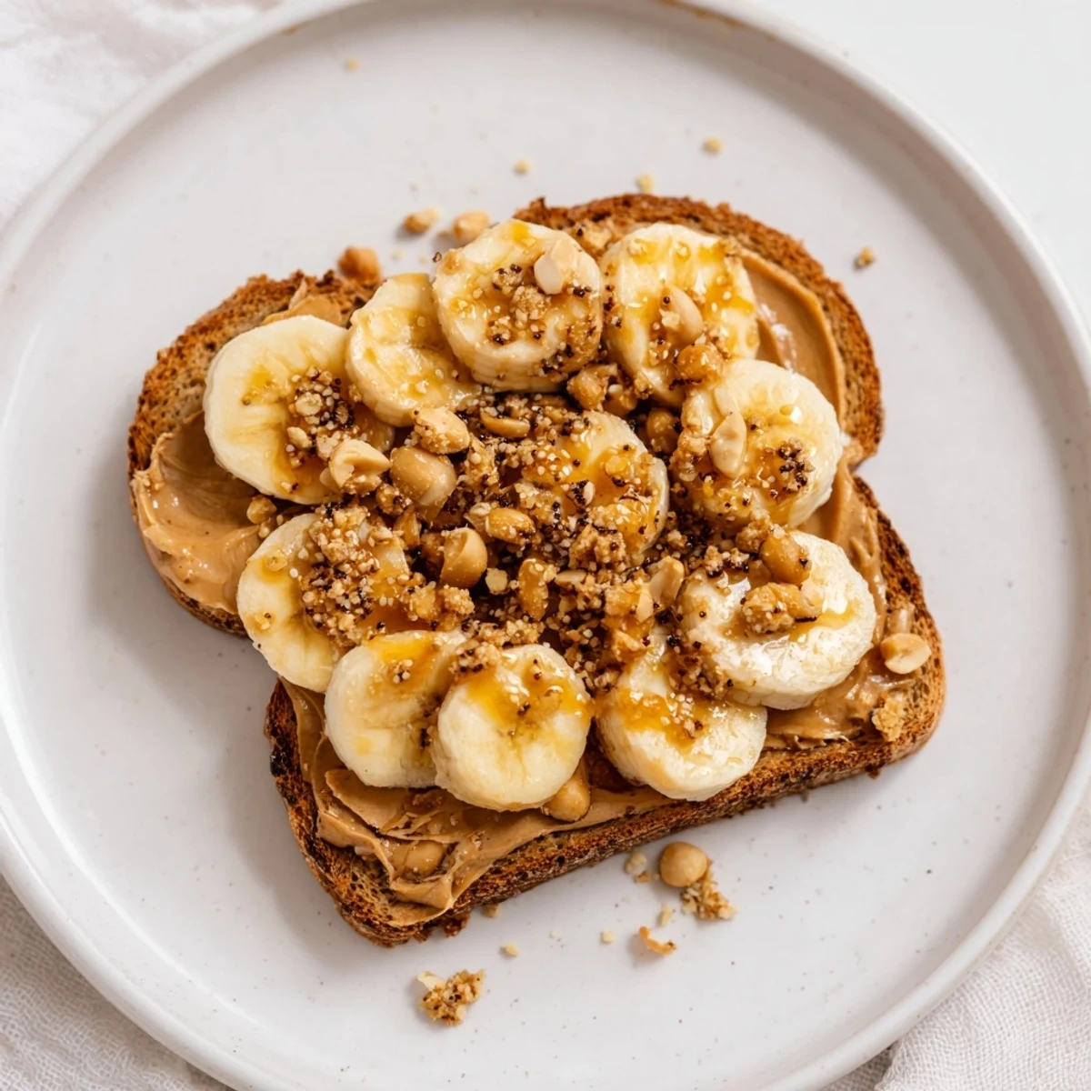 Golden-brown peanut butter and banana sandwich, drizzled with honey, ready to eat with crunchy toppings.
